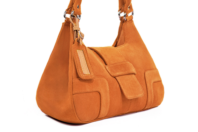 Apricot orange women's dress handbag, matching pumps and belts. Front view - Florence KOOIJMAN